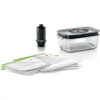 Set depozitare vacuum Bosch: casoleta sticla, pompa vidare, 3 pungi mici si 3 pungi mari