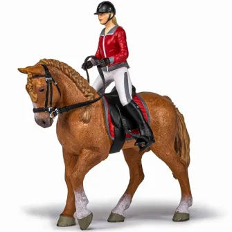 Set figurine Papo - Cai si Ponei, Jocheu in jacheta rosie si cal