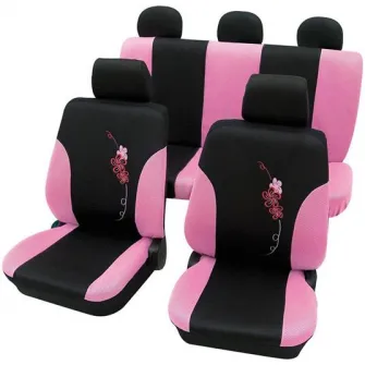 Set huse universale scaune auto Petex Flower, 17 piese, roz cu negru