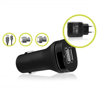 Set Incarcator Auto si Retea Ksix B0500CRDU 2xUsb+Cablu Date Micro Usb 30Pin, Black