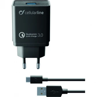 Set incarcator retea Cellularline ACHHUKITQCTYCK, Cablu date Type-C, QC 3.0, 18W, 1m, Negru