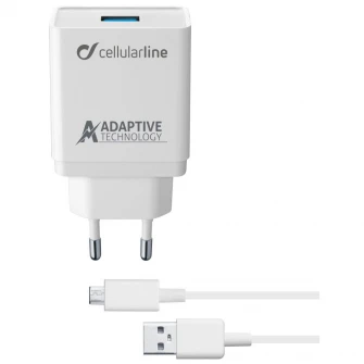Set incarcator retea Cellularline ACHSMKIT15WMUSBW, Cablu date Micro USB, QC 3.0, 15W, 1m, Alb