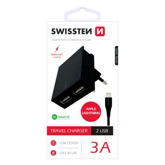 Set Incarcator retea Swissten Smart IC 2xUSB 3A+Cablu Date Lightning 1.2m, Negru