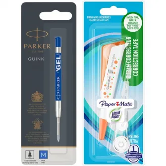 Set mina pix cu gel Parker QuinkFlow M albastru + banda corectie Papermate cu refill 5mm*6m