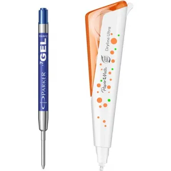 Set mina pix cu gel Parker QuinkFlow M albastru + banda corectie Papermate cu refill 5mm*6m