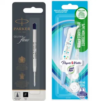 Set mina pix Parker QuinkFlow F negru + banda corectie Papermate cu refill 5mm*6m