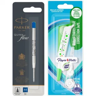 Set mina pix Parker QuinkFlow M albastru + banda corectie Papermate cu refill 5mm*6m