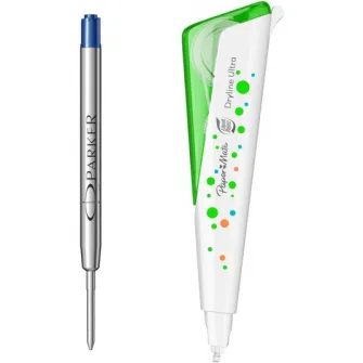 Set mina pix Parker QuinkFlow M albastru + banda corectie Papermate cu refill 5mm*6m