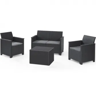 Set mobilier de terasa/gradina Keter Elodie cu canapea 2 locuri, 2 fotolii si masa cu spatiu depozitare, aspect ratan, plastic, canapea: 65 x 113 x74 cm, fotoliu: 65 x 63 x 74 cm, masa 55,5 x 55,5 x 38 cm, gri antracit, perne incluse