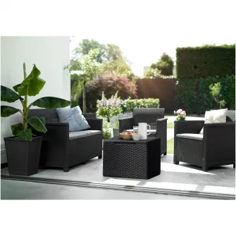 Set mobilier de terasa/gradina Keter Elodie cu canapea 2 locuri, 2 fotolii si masa cu spatiu depozitare, aspect ratan, plastic, canapea: 65 x 113 x74 cm, fotoliu: 65 x 63 x 74 cm, masa 55,5 x 55,5 x 38 cm, gri antracit, perne incluse