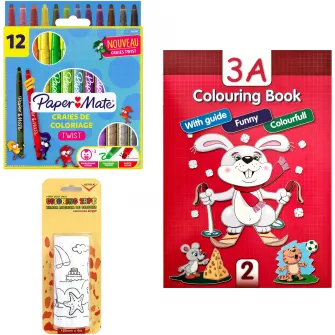 Set Papermate 12 creione cerate din plastic cu twist + carte de colorat + banda colorare auto-adeziva 10 cm* 4m