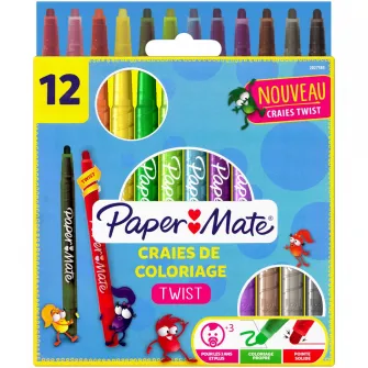 Set Papermate 12 creione cerate din plastic cu twist + carte de colorat + banda colorare auto-adeziva 10 cm* 4m