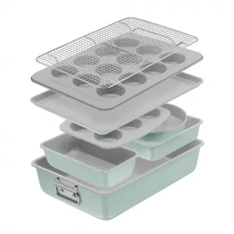 Set pentru copt Tefal Ceramik, 8 piese, otel carbon, invelis ceramic antiaderent, design stivuibil, verde