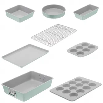 Set pentru copt Tefal Ceramik, 8 piese, otel carbon, invelis ceramic antiaderent, design stivuibil, verde