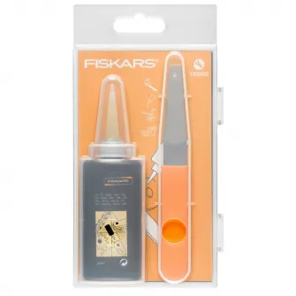 Set pentru intretinere unelte de gradina Fiskars,contine pila diamantata + ulei + ghid intretinere unelte