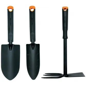 Set pentru plantat Fiskars Ergo 3 piese, plantator lat metalic, plantator ingust, sapaliga, maner ergonomic