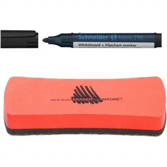 Set pentru whiteboard, marker negru Schneider si burete ICO