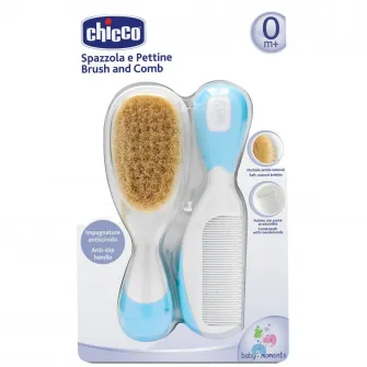 Set pieptan + perie din par natural Chicco, bleu