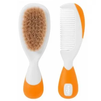 Set pieptan + perie din par natural Chicco, portocaliu