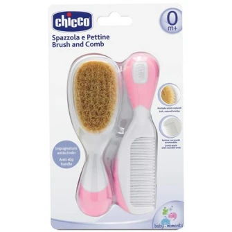 Set pieptan si perie Chicco, din par natural, Roz