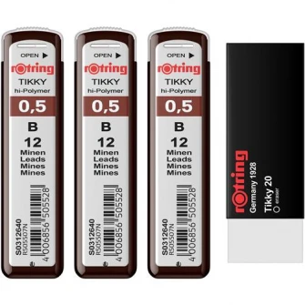 Set Rotring 3 x etui mine grafit 0.5 B + Radiera Tikky 20