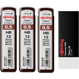 Set Rotring 3 x etui mine grafit 0.5 HB + Radiera Tikky 20