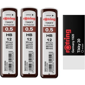 Set Rotring 3 x etui mine grafit 0.5 HB + Radiera Tikky 30