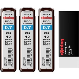 Set Rotring 3 x etui mine grafit 0.7 2B + Radiera Tikky 20