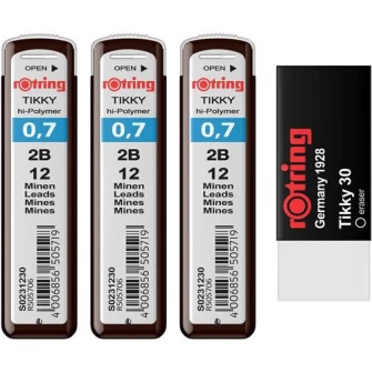 Set Rotring 3 x etui mine grafit 0.7 2B + Radiera Tikky 30