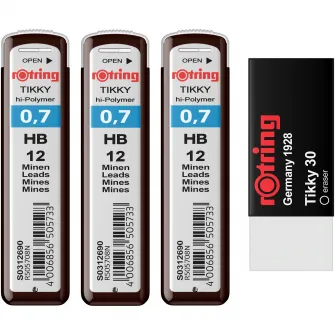 Set Rotring 3 x etui mine grafit 0.7 HB + Radiera Tikky 30