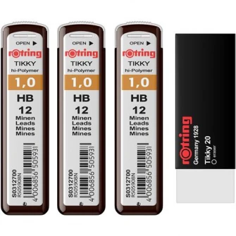 Set Rotring 3 x etui mine grafit 1.0 HB + Radiera Tikky 20