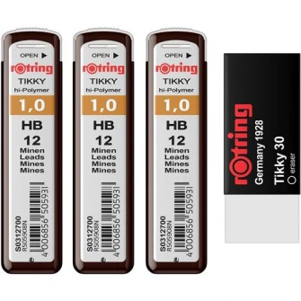 Set Rotring 3 x etui mine grafit 1.0 HB + Radiera Tikky 30