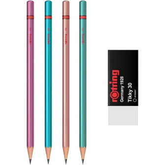 Набор Rotring 4 графитных деревянных карандаша HB Metallic Blue/Green/Pink/Violet + ластик Tikky 30
