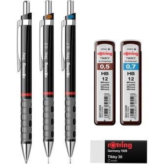 Набор механических карандашей Rotring. 0,5/0,7/пикс Tikky Black + свинец 0,5/0,7 + ластик Tikky 30