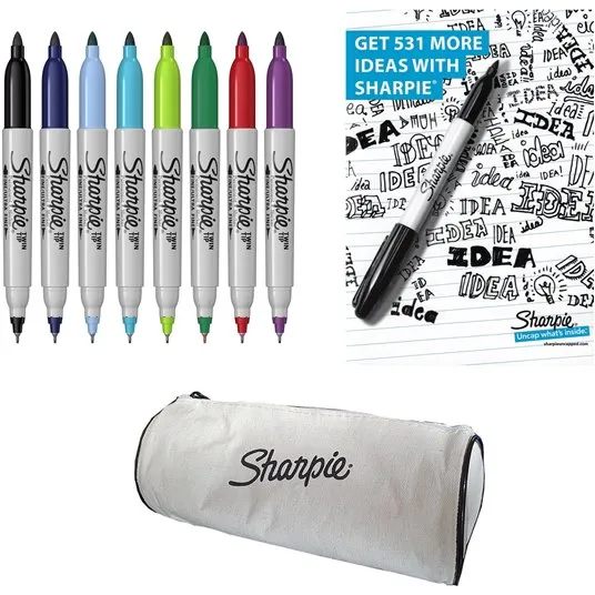 Set Sharpie 8 markere permanente Twin Tip + caiet A5 + penar Sharpie gratis