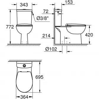 Set vas WC Grohe Bau Ceramic 39346000, montare pe podea, rimless, alimentare laterala, capac SoftClose, alb