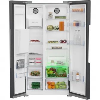 Side by side Beko GN162340XBRN, 571 l, Clasa E, NeoFrost Dual Cooling, HarvestFresh, Ice fall, Water dispenser, Compresor inverter, Display touch control, H 179 cm, Inox