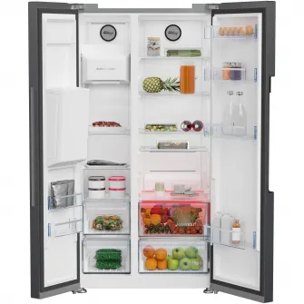 Side by side Beko GN162340XBRN, 571 l, Clasa E, NeoFrost Dual Cooling, HarvestFresh, Ice fall, Water dispenser, Compresor inverter, Display touch control, H 179 cm, Inox