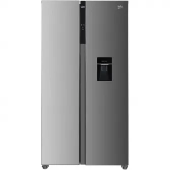 Side by side Beko GNO5322WDXPN, 532 l, Clasa E, NeoFrost Dual Cooling,Compresor ProSmart Inverter, Slim tank water dispenser, Display with touch control, Door open buzzer, H 177 cm, Inox Look