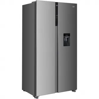 Side by side Beko GNO5322WDXPN, 532 l, Clasa E, NeoFrost Dual Cooling,Compresor ProSmart Inverter, Slim tank water dispenser, Display with touch control, Door open buzzer, H 177 cm, Inox Look