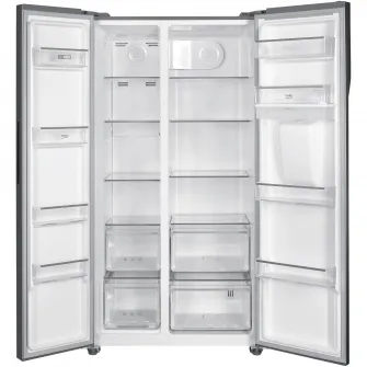 Side by side Beko GNO5322WDXPN, 532 l, Clasa E, NeoFrost Dual Cooling,Compresor ProSmart Inverter, Slim tank water dispenser, Display with touch control, Door open buzzer, H 177 cm, Inox Look