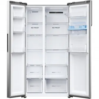 Side by side Haier HSR5918DWMP, 521 litri, Total No Frost, Multi air flow, Clasa D, SuperCooling, SuperFreezing, Holidays, dispenser apa, H 177 cm, Inox