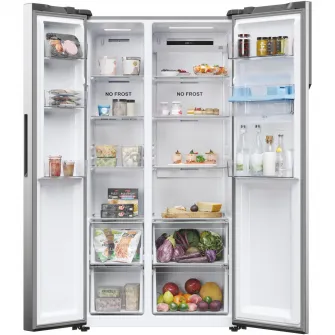 Side by side Haier HSR5918DWMP, 521 litri, Total No Frost, Multi air flow, Clasa D, SuperCooling, SuperFreezing, Holidays, dispenser apa, H 177 cm, Inox