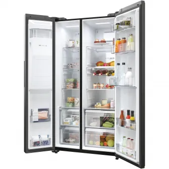 Side by side Haier HSW59F18EIPT, 601 l, Total No Frost, Multi Air Flow, Clasa E, WiFi, SuperCooling, SuperFreezing, Holidays, Dispenser de apa si gheata, H 178 cm, Negru