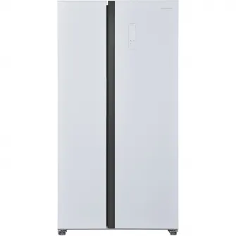 Side by side Heinner HSBS-HM532NFGWHE++, 532 l, No frost, Display LED, Clasa E, Smart, Alarma usa deschisa, H 177 cm, Sticla alba