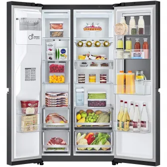 Side by side LG GSXV91MCAE, 635 l, No Frost, InstaView Door-in-Door, Dozator UVnano, Clasa E, H 179 cm, Negru