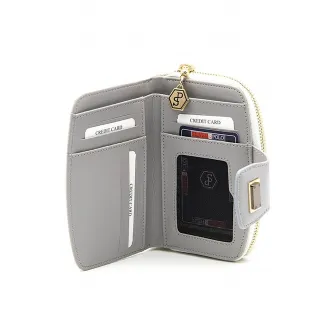 Silver&Polo, Portofel de piele ecologica cu aspect texturat, Alb optic, Gri