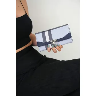 Silver&Polo, Portofel din piele ecologica cu model in carouri, Alb, Negru, Albastru deschis