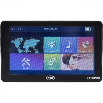 Sistem de navigatie GPS PNI L710 PRO cu parasolar, 7 inch, 800 MHz, 256MB DDR, 16GB memorie interna, FM transmitter, cu doua alimentatoare auto incluse