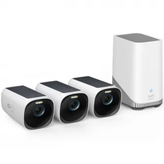 Sistem de supraveghere video eufyCam 3 S330, 4K Ultra HD, 8.3 MP, Incarcare solara, BionicMind™, Nightvision, Homebase 3 + 3 camere video